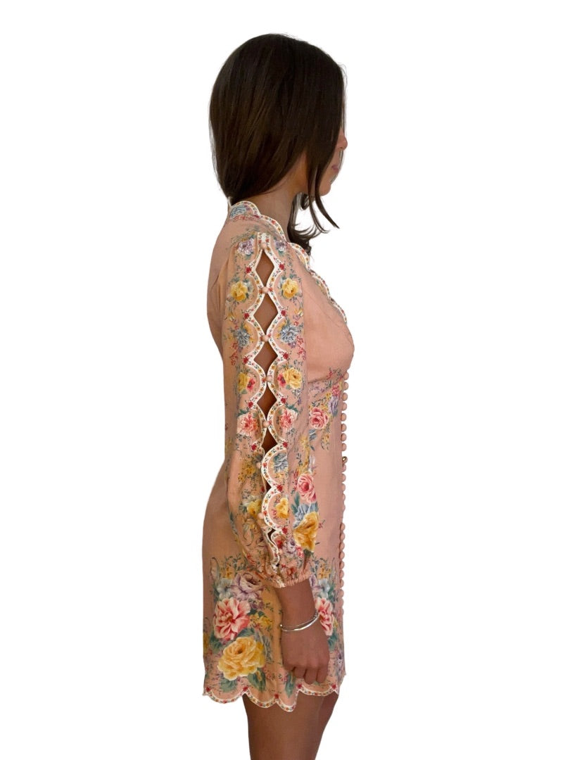 Zimmermann Blush Orange Floral Full Sleeve V-Neck Dress. Size: 1
