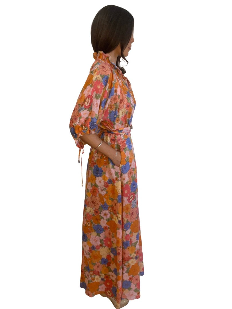 Husk Multi-colour Floral Print Dress w/ Drawstring Sleeves. Size: M
