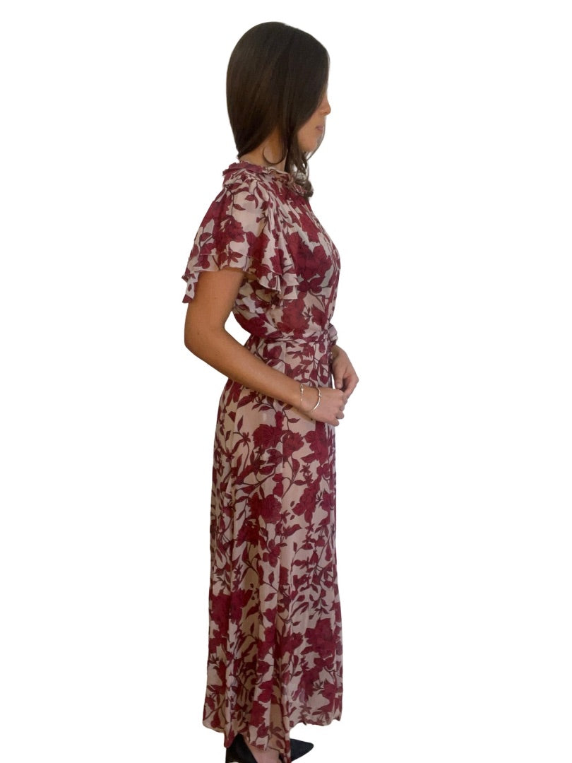 Husk Maroon / Beige Frill Sleeve Sheer Floral Dress. Size: 14