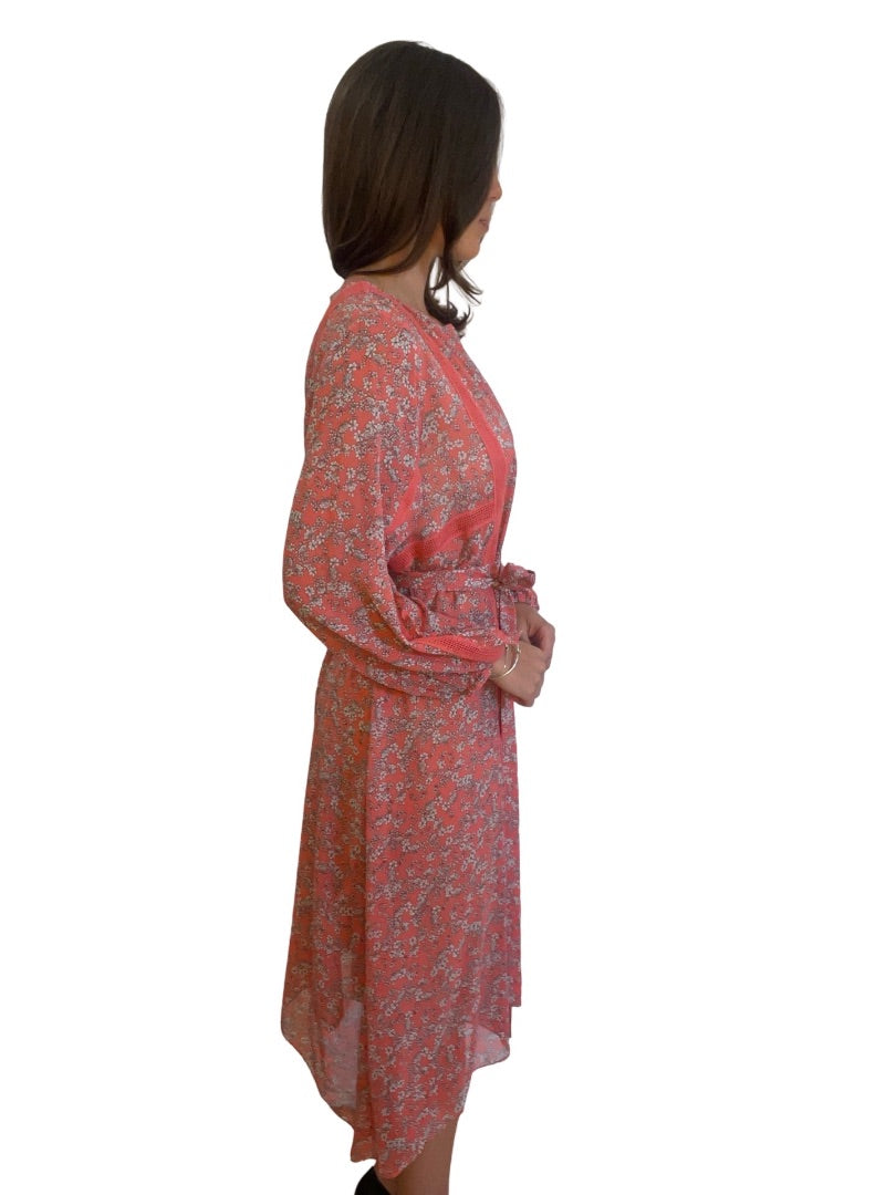 Scanlan Theodore Coral Floral Print Sheer Dress. Size: 12