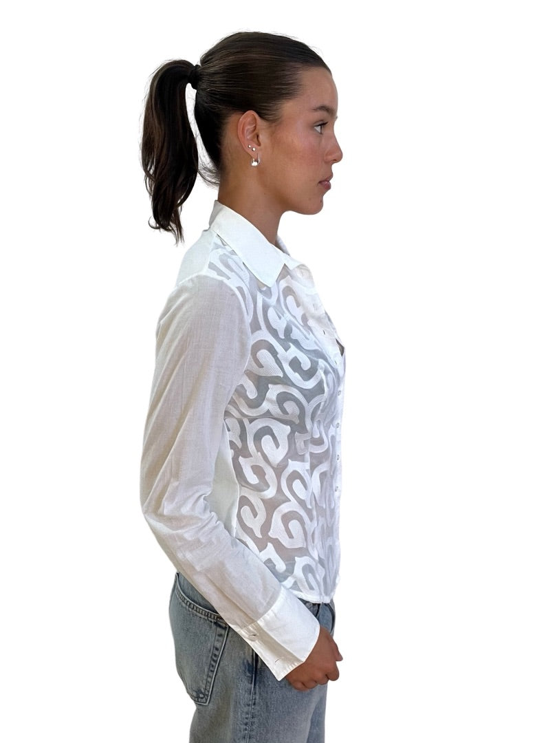 Anne Fontaine White Sheer Printed Shirt. Size: 42