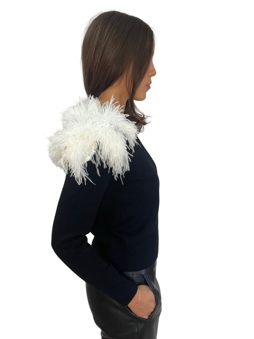 Chanel Black Feather Shoulder Applique Jumper w Button Detail. Size: 38