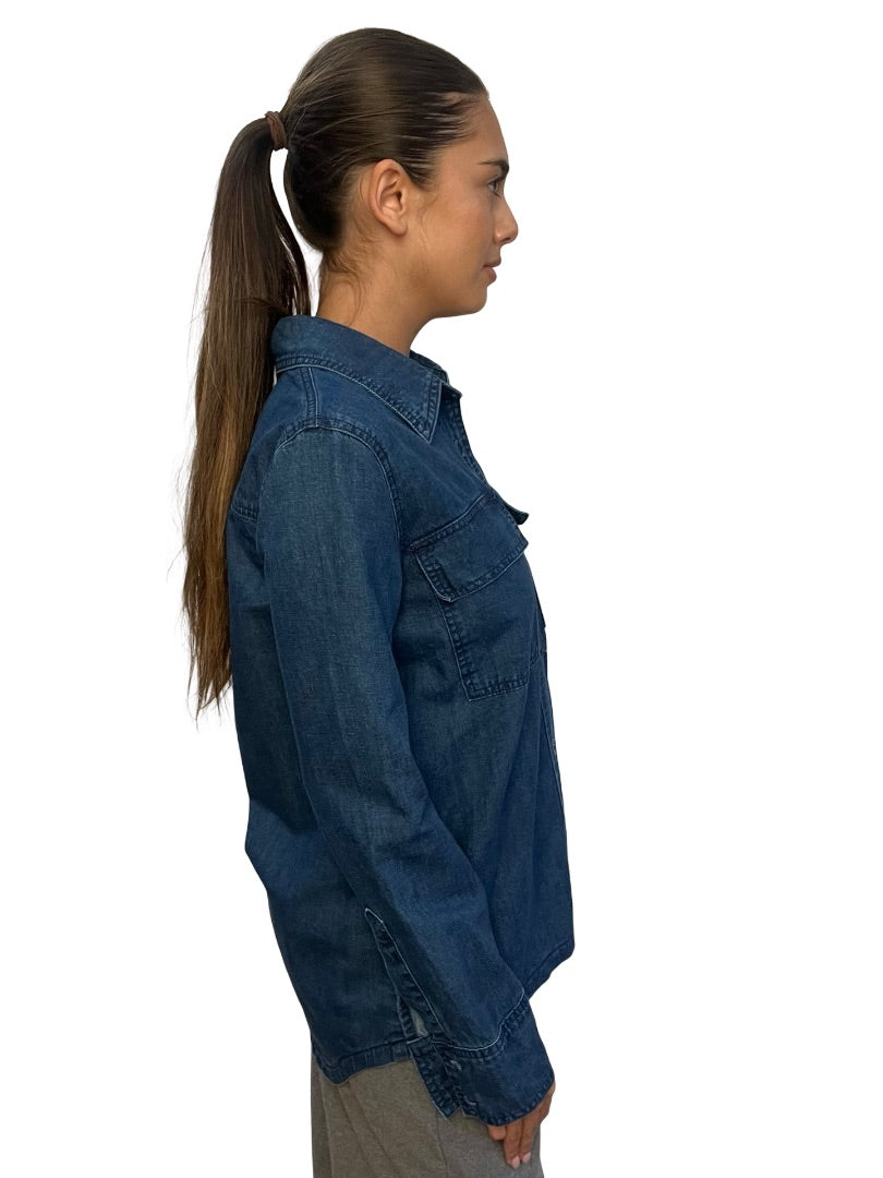 Skin & Threads Blue Cotton Linen Denim Shirt. Size: 1