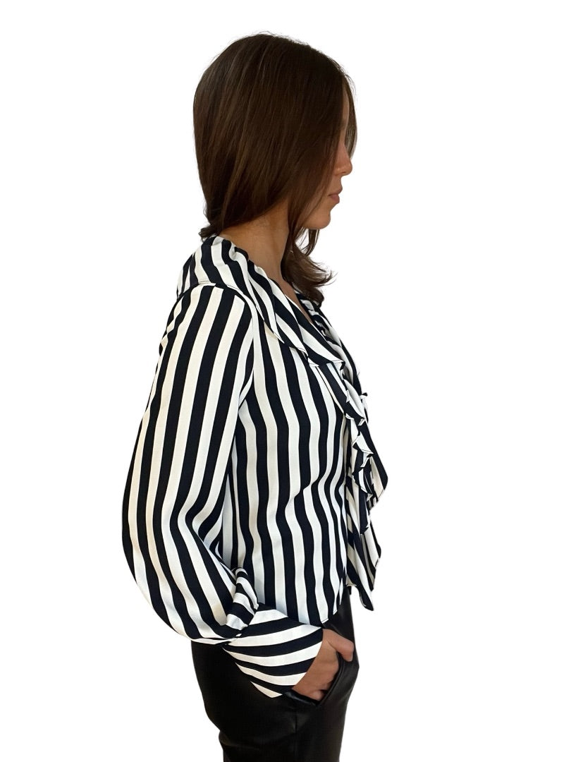 Carla Zampatti Black / White Striped Frilled Blouse. Size: 6