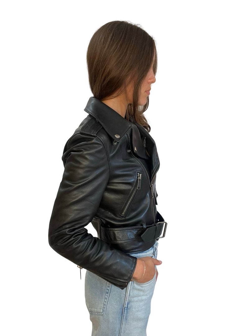Balenciaga Black Leather Jacket W Sleeve Logo. Size: 34