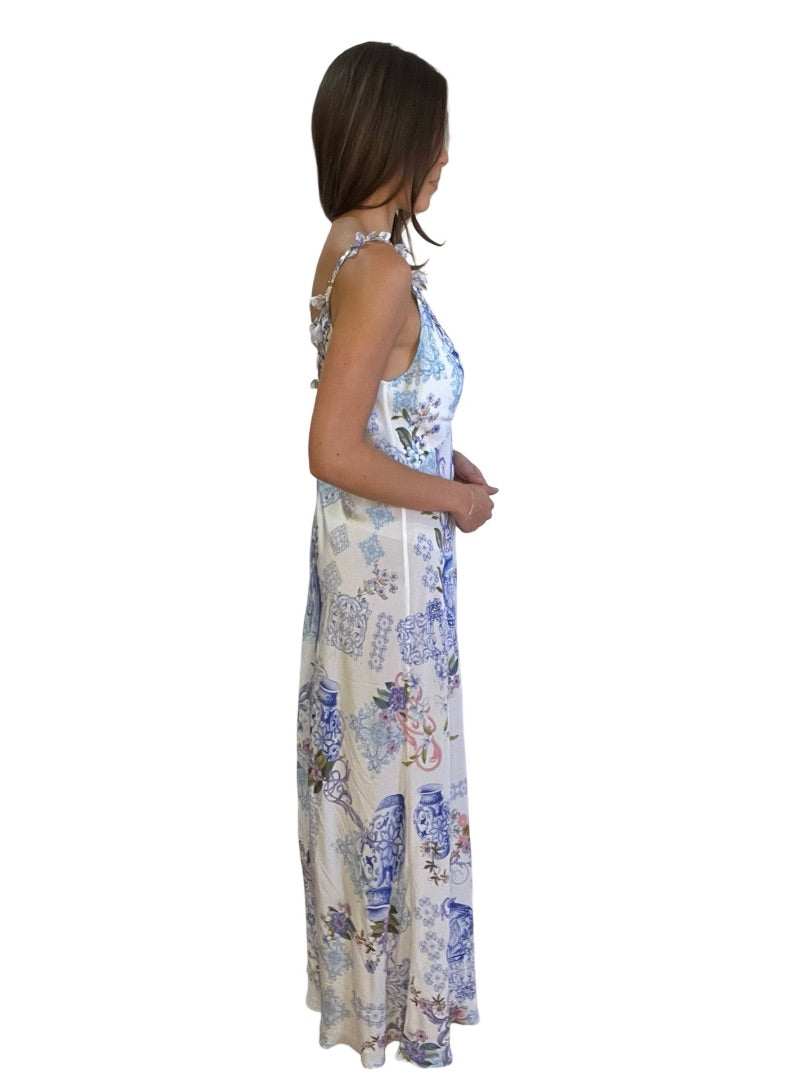 Camilla Multi-Colour V Neck Full Length Bias Slip Dress. Size: M