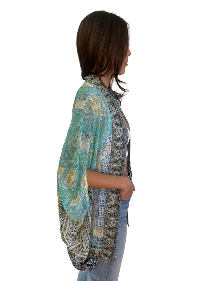 Camilla Light Blue Lover Retreat Open Front Cardi Cape. Size: O/S