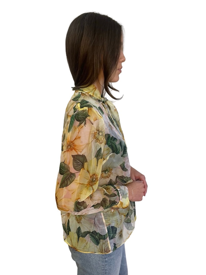Dolce & Gabbana Yellow Floral Print Blouse w/ Neck Tie. Size: M-L