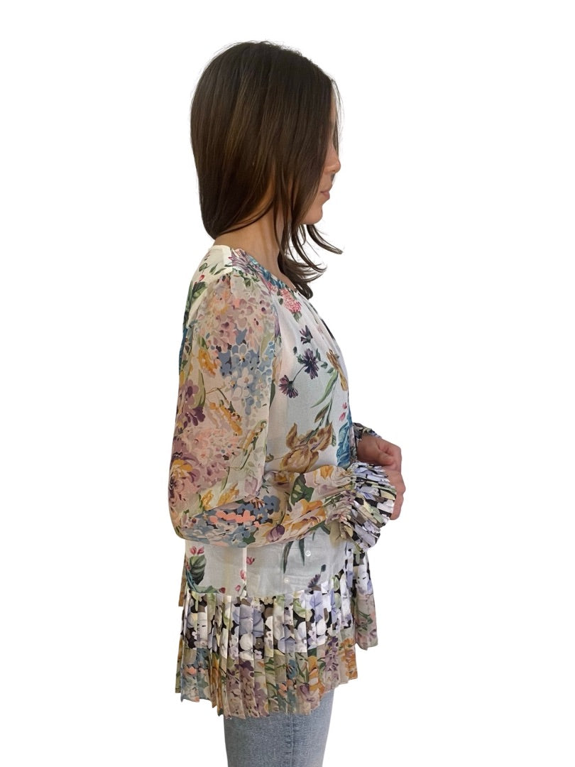 Zimmermann Multi-Colour Floral Blouse w/ Pleated Hem. Size: 2-3