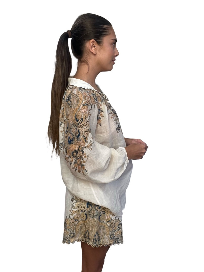 Zimmermann Cream / Multi-Colour Freja Paisley Print Blouse & Short Set. Size: 1