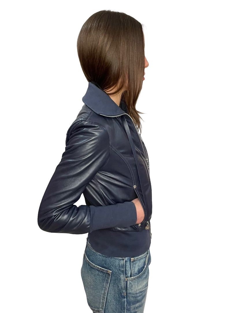 Patrizia Pepe Navy Blue Leather Bomber Jacket w/ Neck Tie. Size: 42