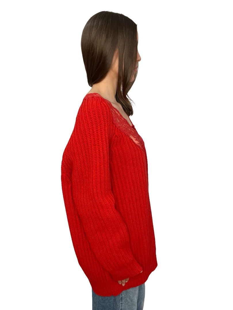 Balenciaga Red Oversized Lace Knit Sweater. Size: 36