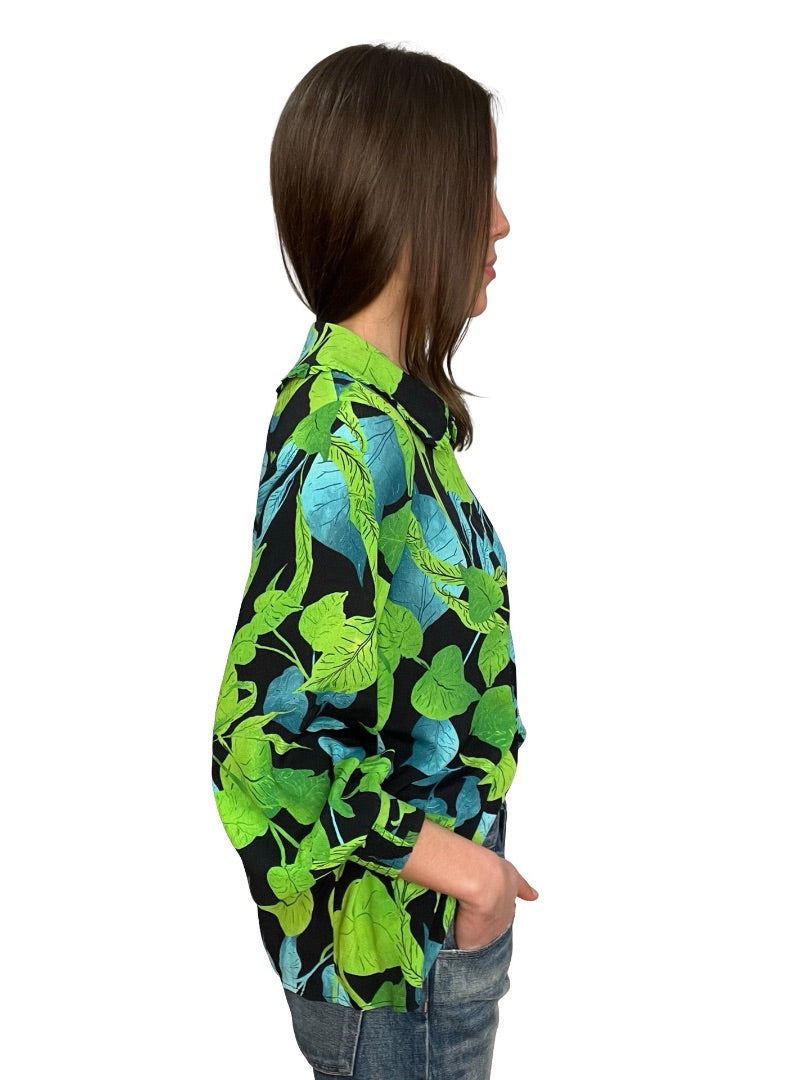Husk Green / Blue Leaf Print Button Up. Size: 10