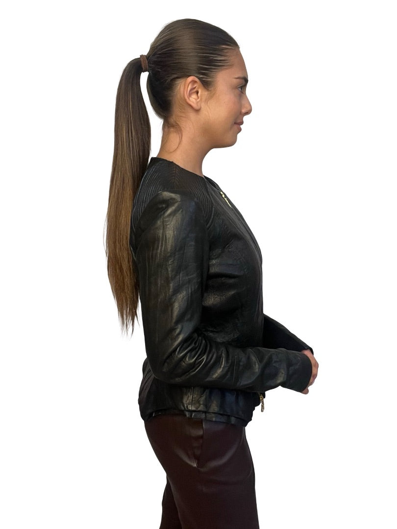 Husk Black Crewneck Leather Jacket. Size: 10
