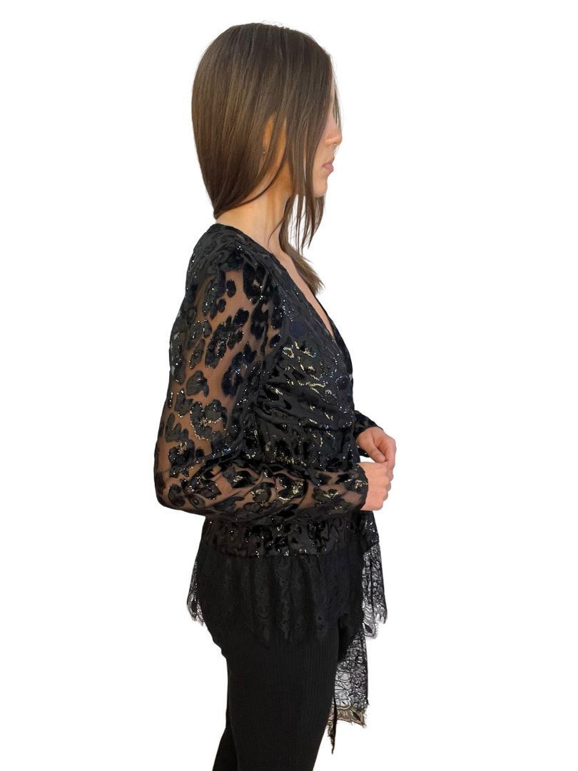 Self Portrait Black Sequin Pattern Top w/ Lace Hem. Size: 12