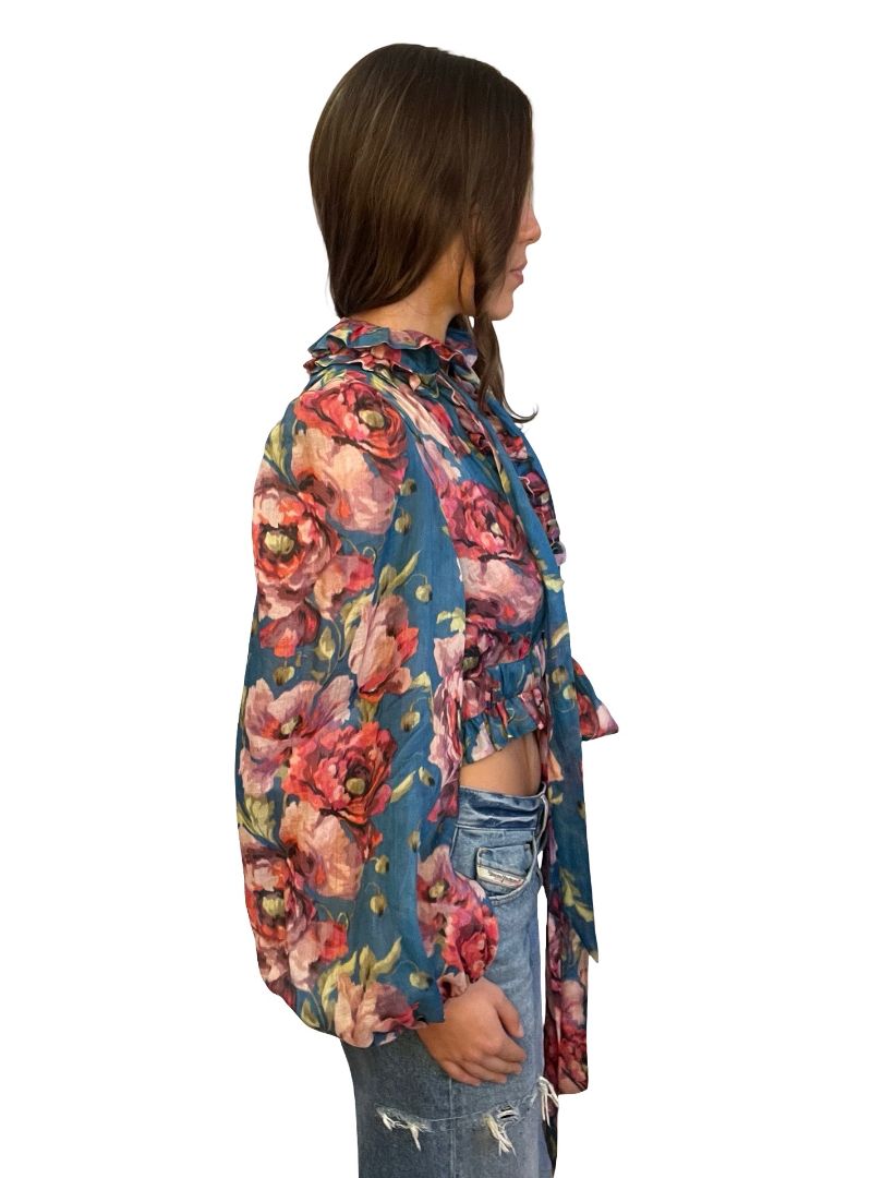 Zimmermann Blue Floral Cropped Blouse W Waist & Neck Ties. Size: 1