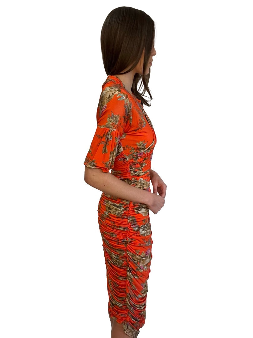Preen By Thorton Bregazzi Orange Ruched Floral Print Dress. Size: XS