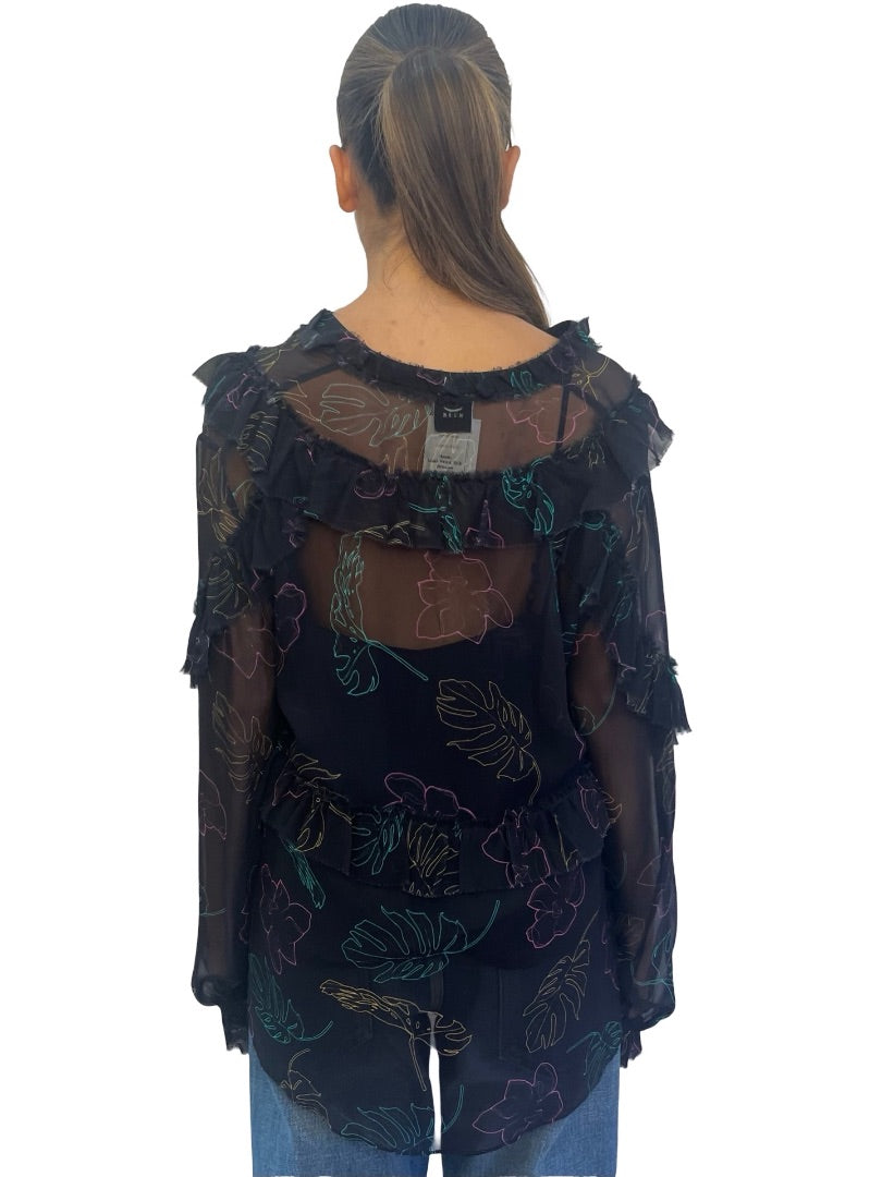 Husk Black Leaf Print Silk Blouse. Size: 12