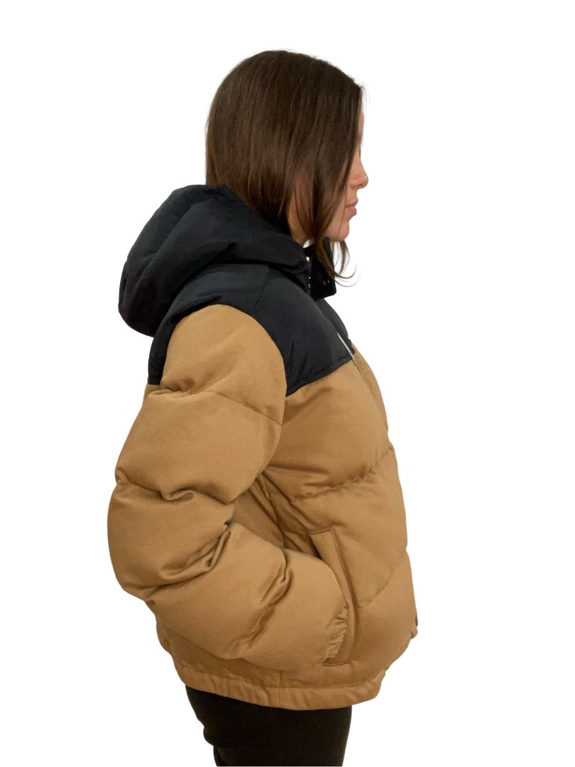 Alexander Wang Tan and Black Hooded Puffer Jacket. Size: S