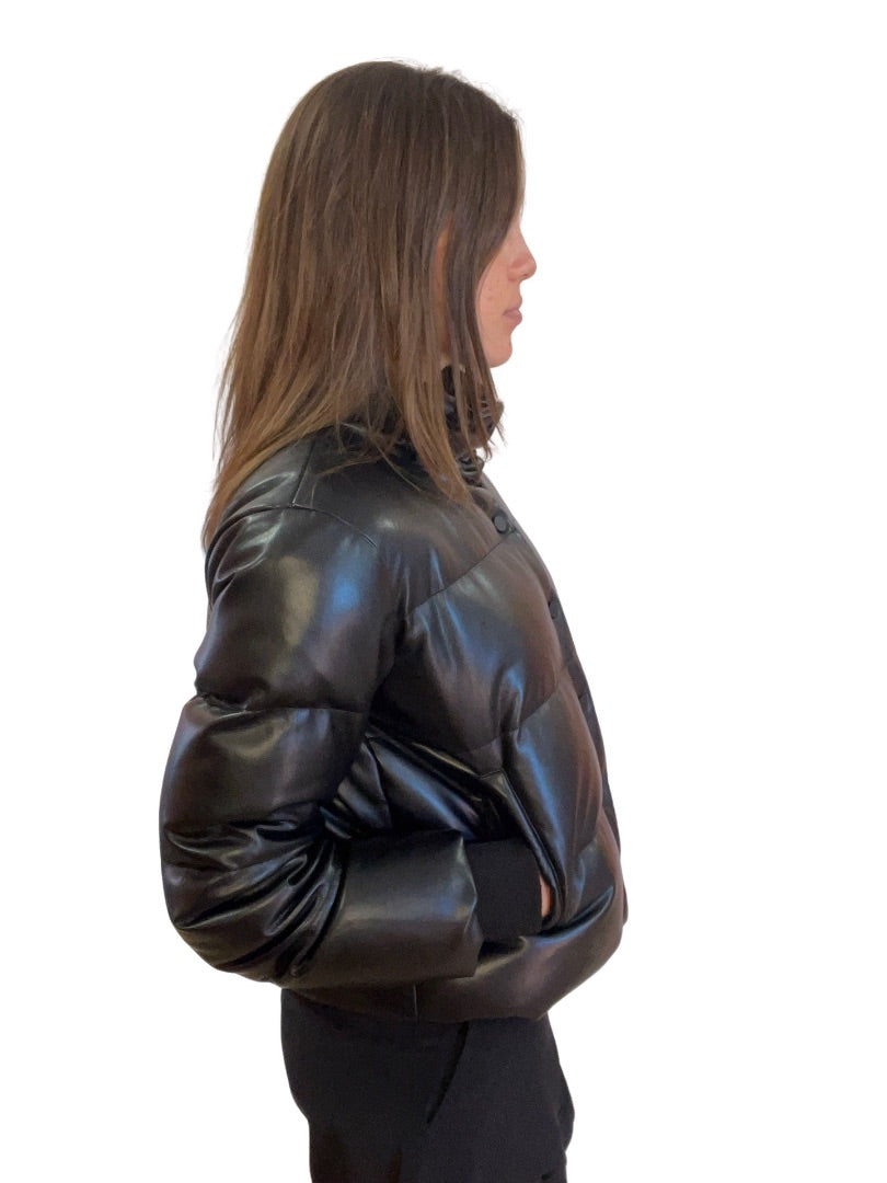 Husk Black Faux Leather Puffer Jacket. Size: S