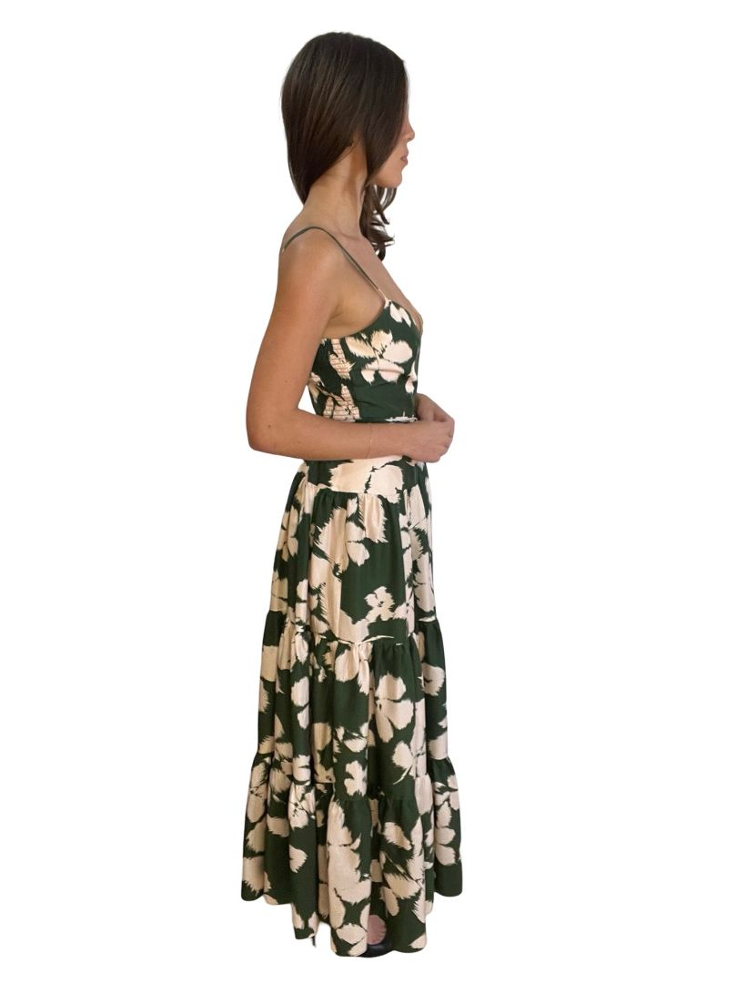 Husk Green & Cream Thin Strap Maxi Dress w Flower Print. Size: 10