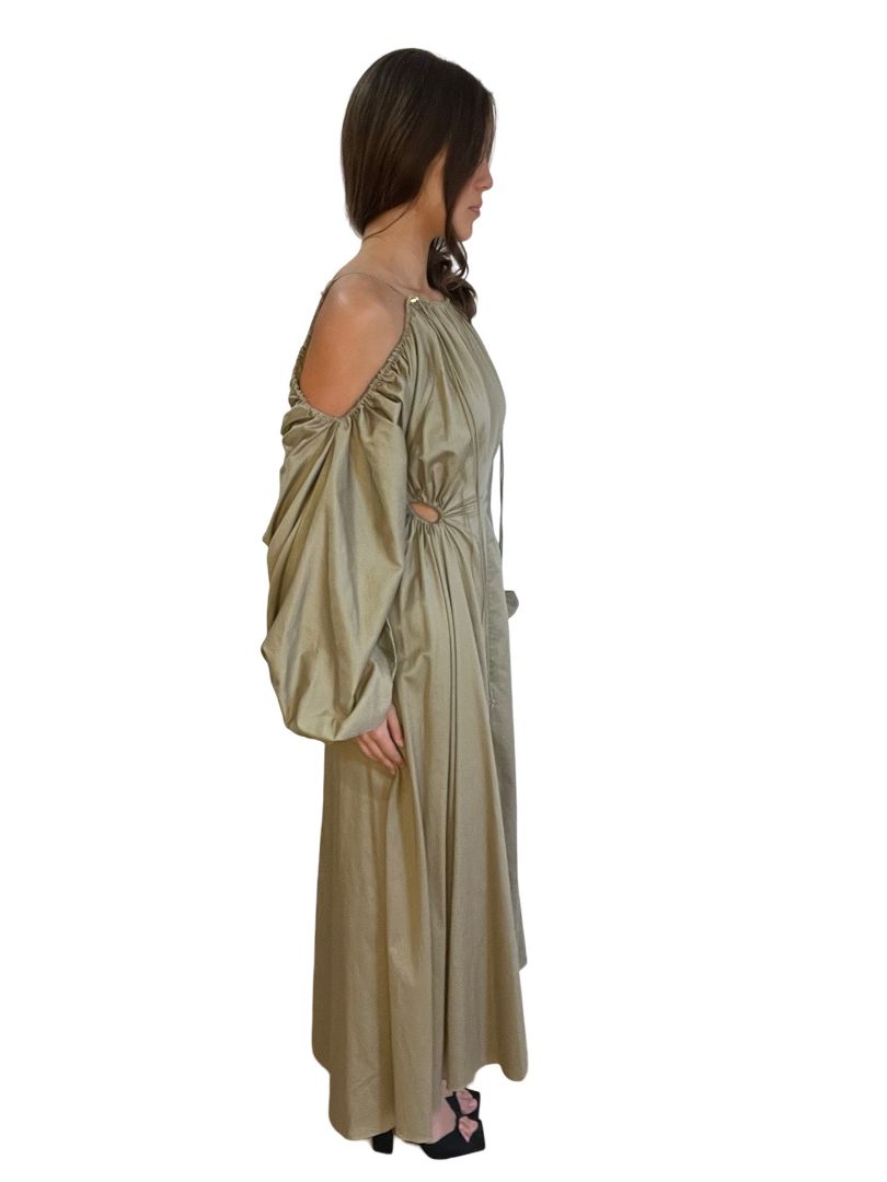 Camilla & Marc Khaki Puff Sleeve Off Shoulders Maxi Dress. Size: 8