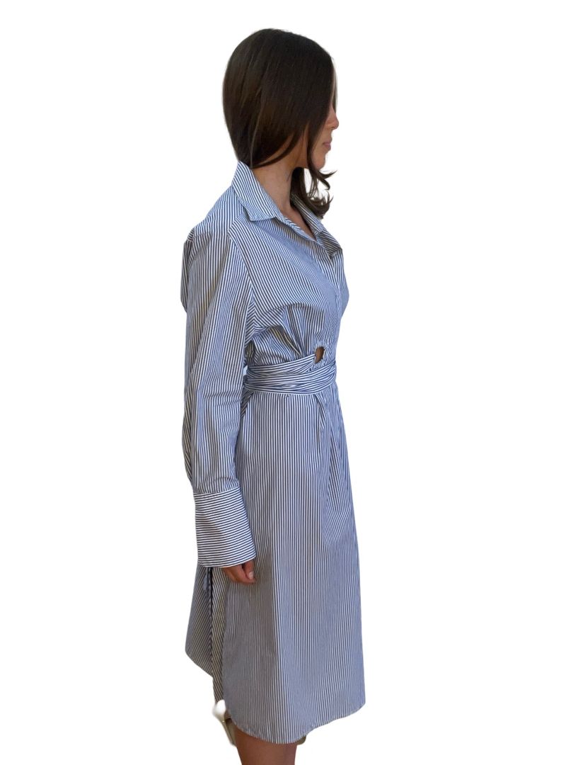 Scanlan Theodore Blue Pinstripe Button-Up Dress w/ Attached Belt. Size: 12