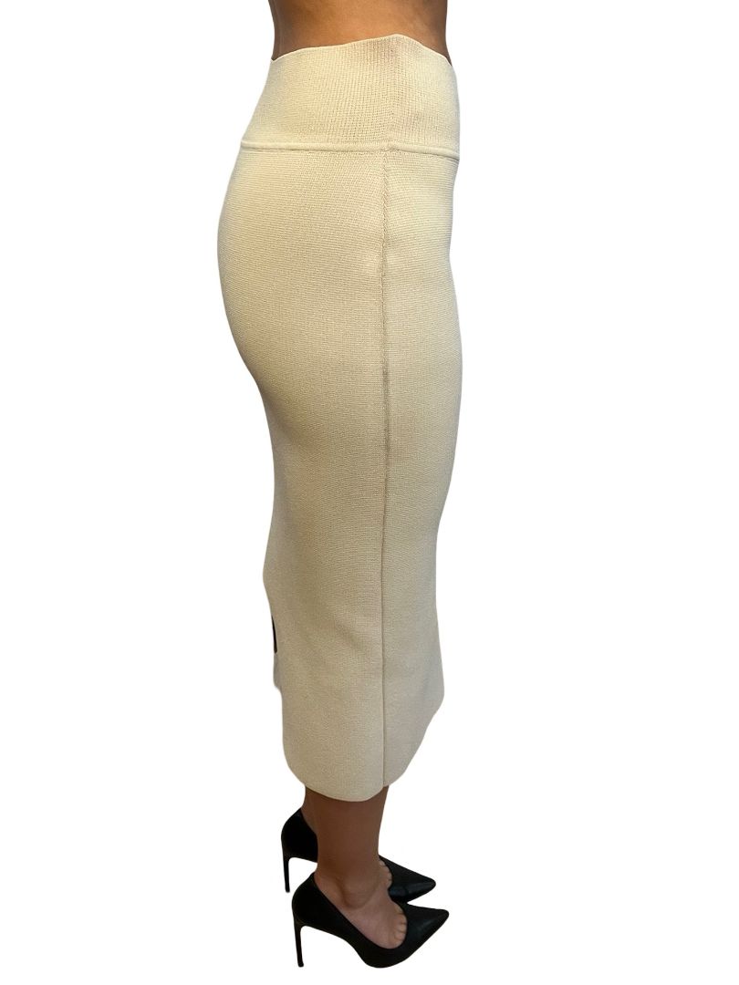 Scanlan Theodore Beige Crepe Knit Skirt W Back Slit. Size: S