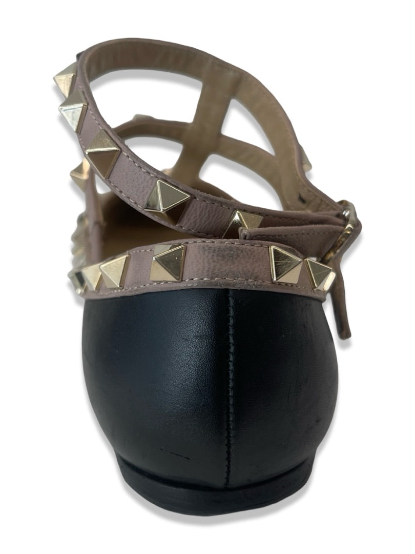 Valentino Garavani Black Ballerina Studded Cage Flats. Size: 37
