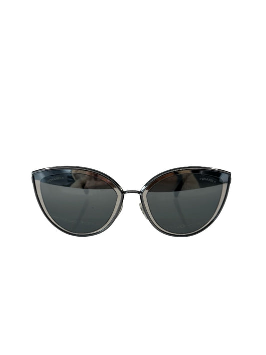 Chanel Silver/Black Metal Cat Eye Sunglasses.