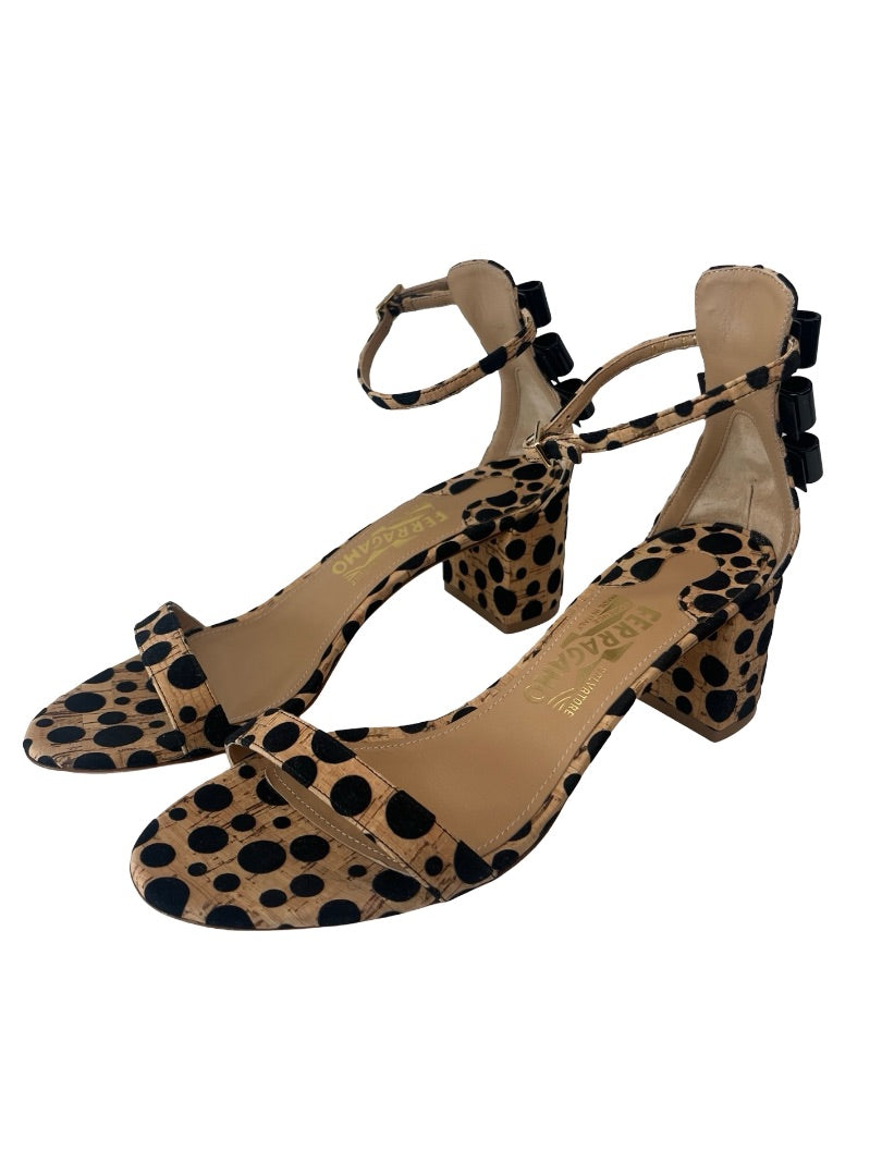Salvatore Ferragamo Black / Tan Polka Dot Cork Connie Block Heel. Size: 8