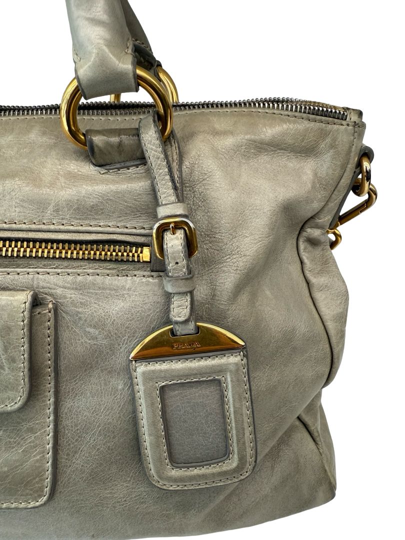 Prada Grey Vintage Leather Shoulder Tote Bag.