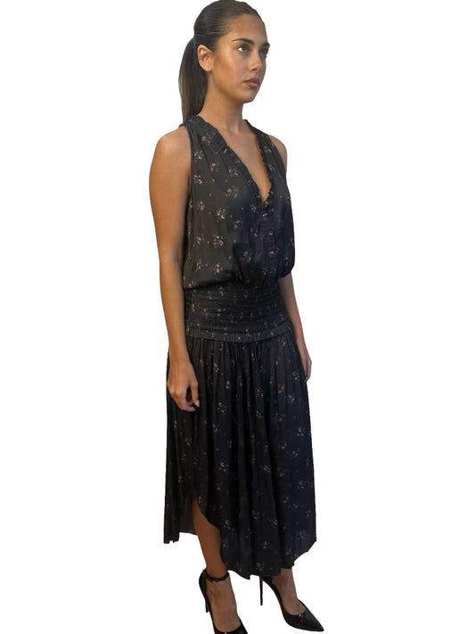 Ulla Johnson Black Floral Print Shirred Waist Dress. Size: 2