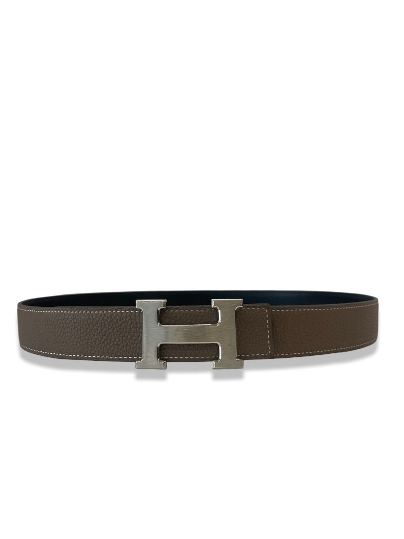 Hermes Brown / Black Reversible Belt W Silver Buckle. Size: 90cm