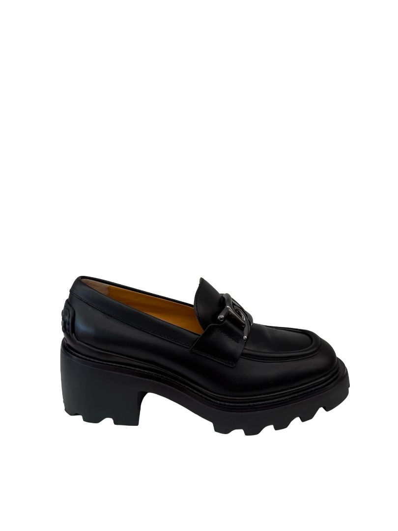 Tod's Black Leather Logo Buckle Loafers. Size: 36.5