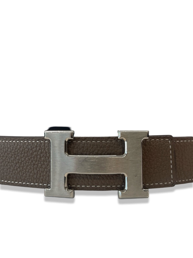 Hermes Brown / Black Reversible Belt W Silver Buckle. Size: 90cm