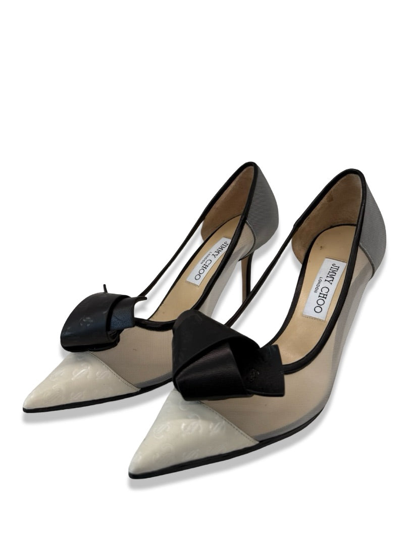 Jimmy Choo Grey/Black 'Mesh Logo Leather Bow Heels. Size: 40