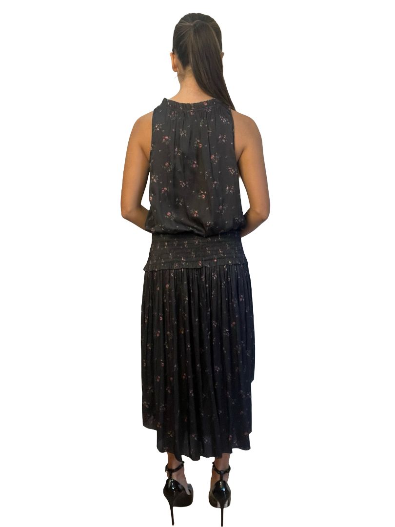 Ulla Johnson Black Floral Print Shirred Waist Dress. Size: 2