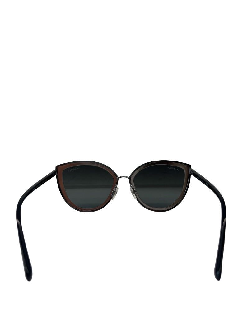 Chanel Silver/Black Metal Cat Eye Sunglasses.