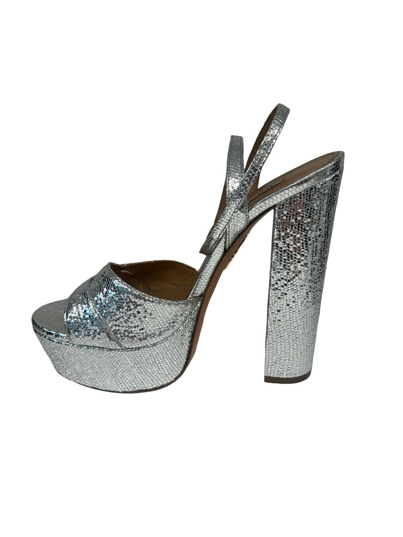 Aquazzura Silver Open Toe Platform Heels. Size: 38
