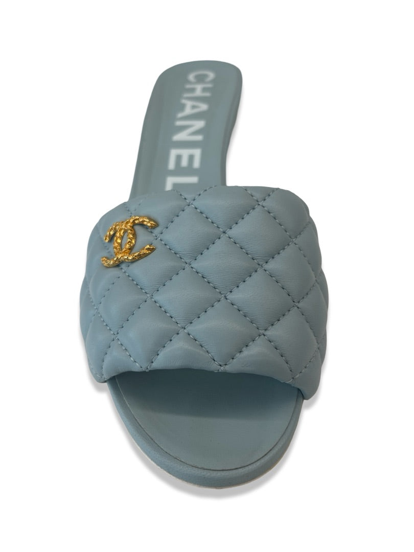 Chanel Baby Blue Leather Quilted CC Mules. Size: 41 C