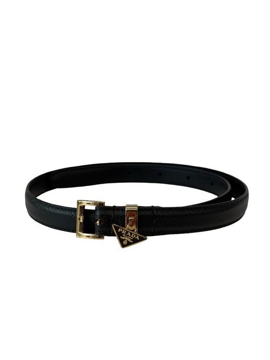 Prada Black Triangle Logo Slim Leather Belt.