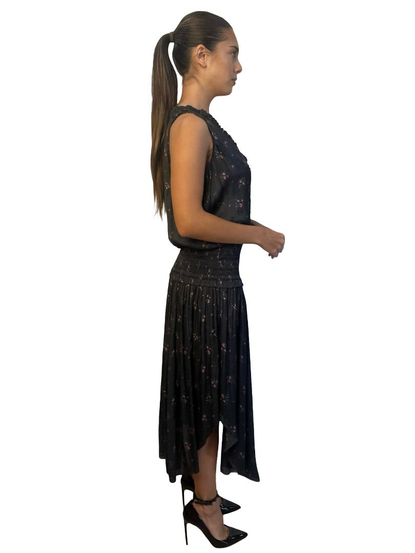 Ulla Johnson Black Floral Print Shirred Waist Dress. Size: 2