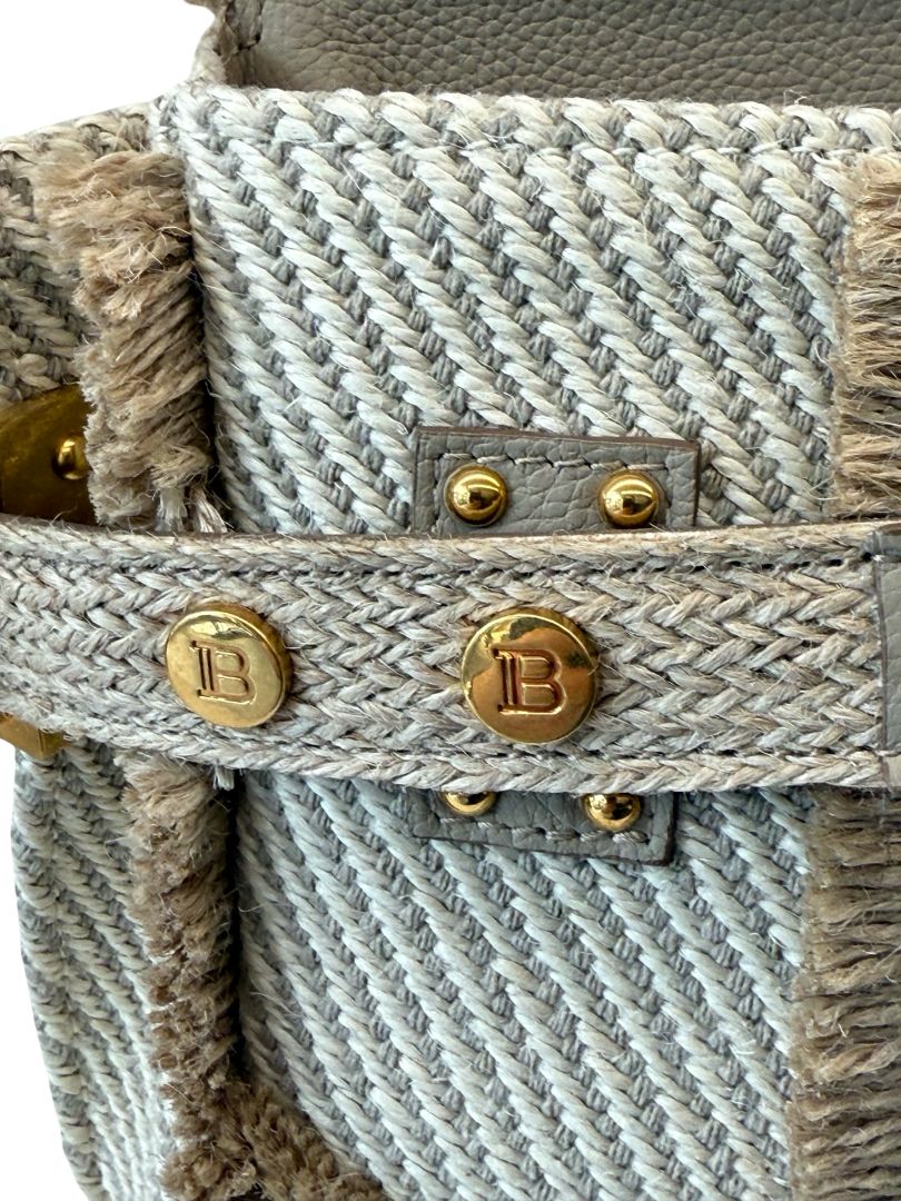 Balmain Beige / Cream B-Buzz 22 Raffia Effect Top Handle Bag.