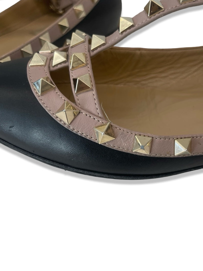 Valentino Garavani Black Ballerina Studded Cage Flats. Size: 37