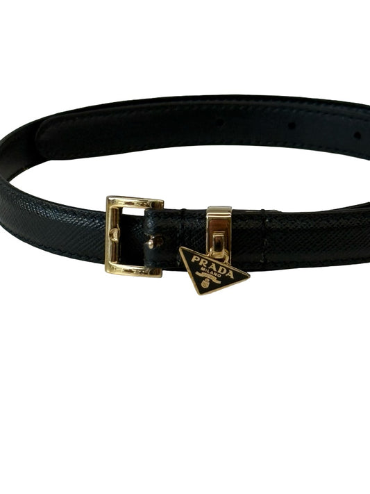 Prada Black Triangle Logo Slim Leather Belt.