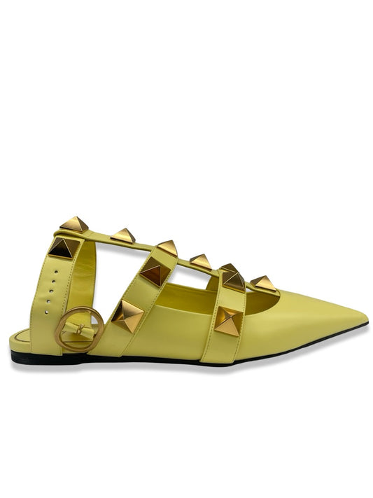 Valentino Garavani Yellow Rockstud Ankle Strap Flats. Size: 40