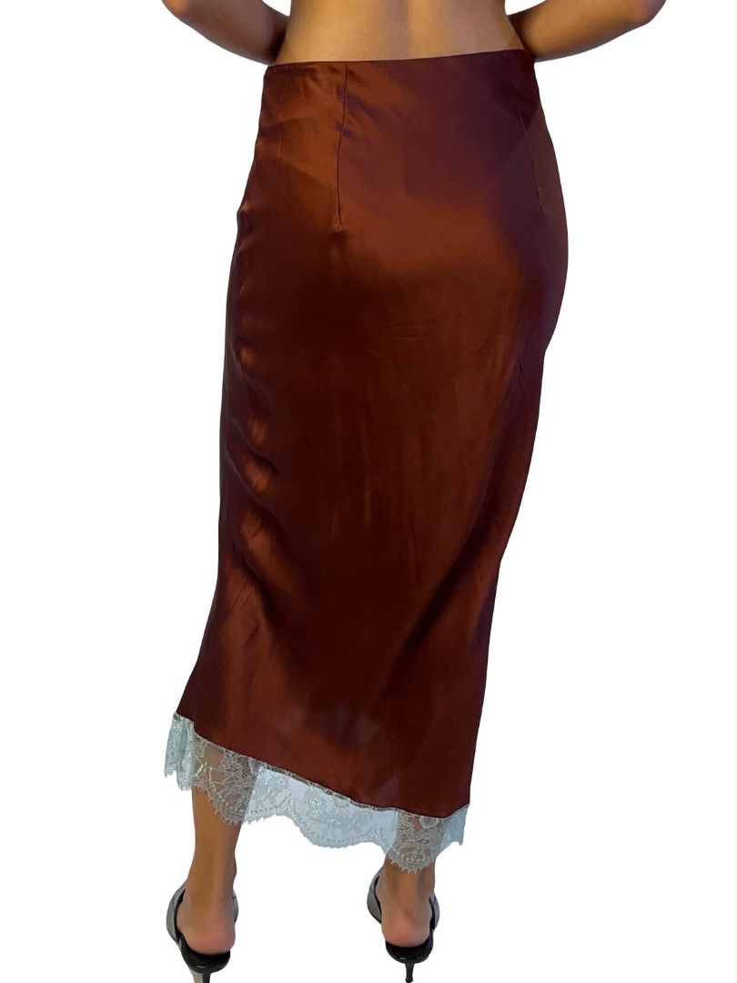 O.P On Parks Burgundy Silk Skirt w/ Blue Lace Hem. Size: S
