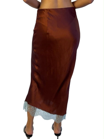 O.P On Parks Burgundy Silk Skirt w/ Blue Lace Hem. Size: S