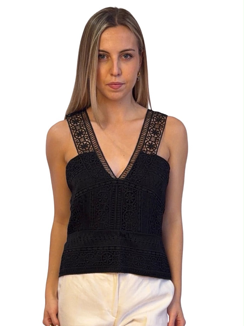 Alberta Ferretti Black Lace Trim Top. Size: 10